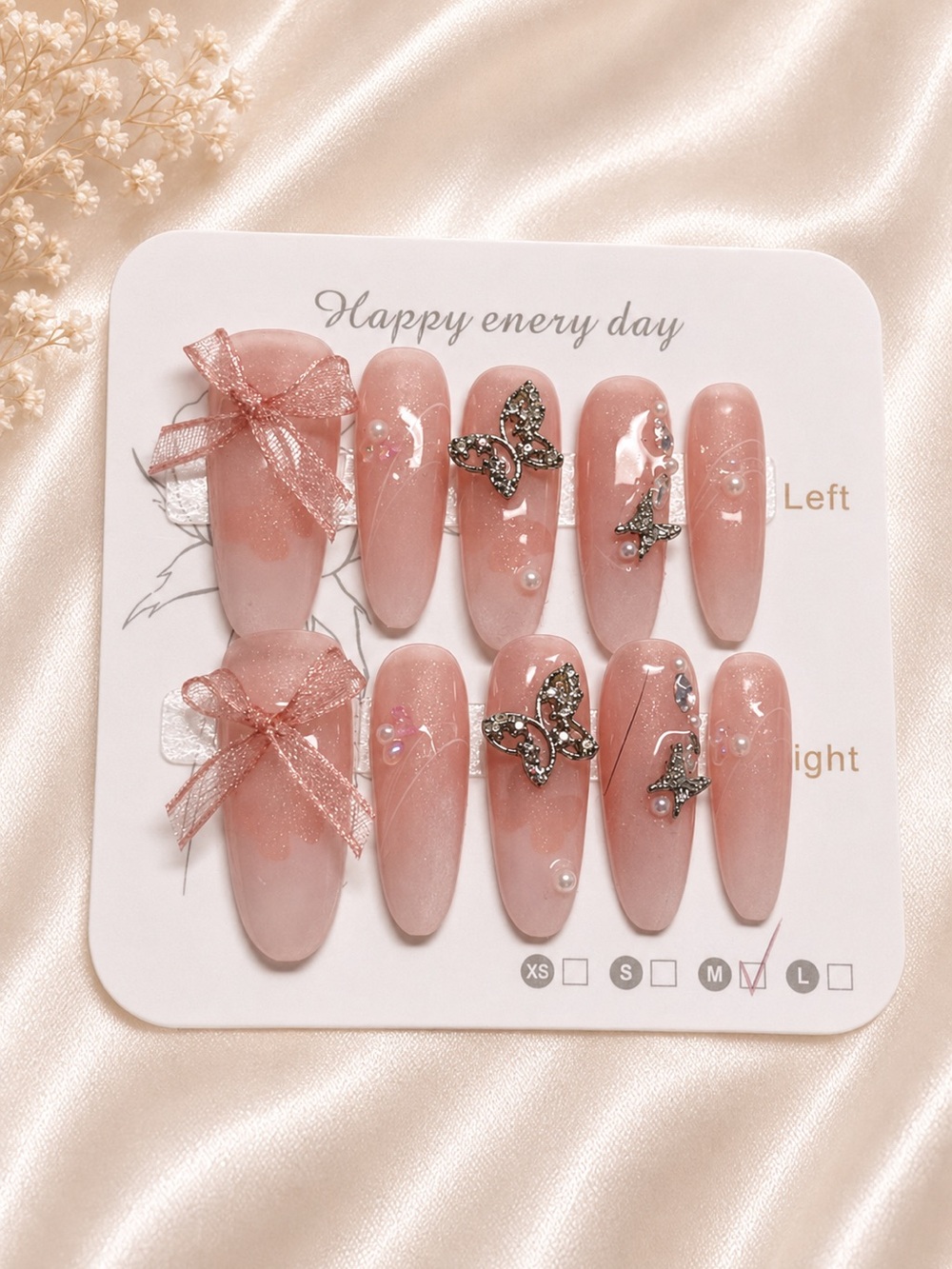 Elegant Blush Pink Press-On Nails with Rhinestone Butterflies - size medium